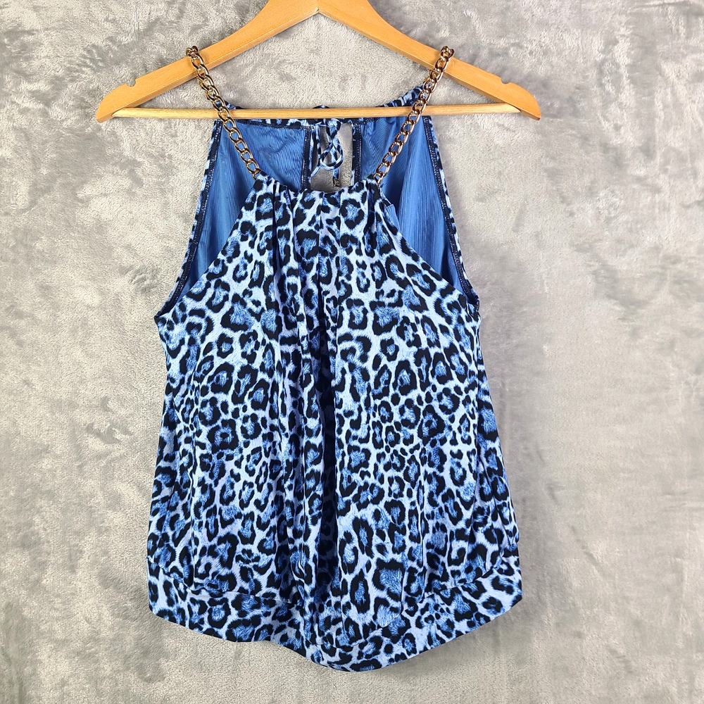 Michael Kors Blouson Chain Neck Tankini Swim Top Tide Blue Animal Leopard Size M